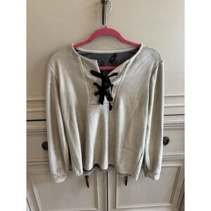 Drew Small Terry Cloth Lace Up Blouse Beige Casual Workwear Small Made‎ USA